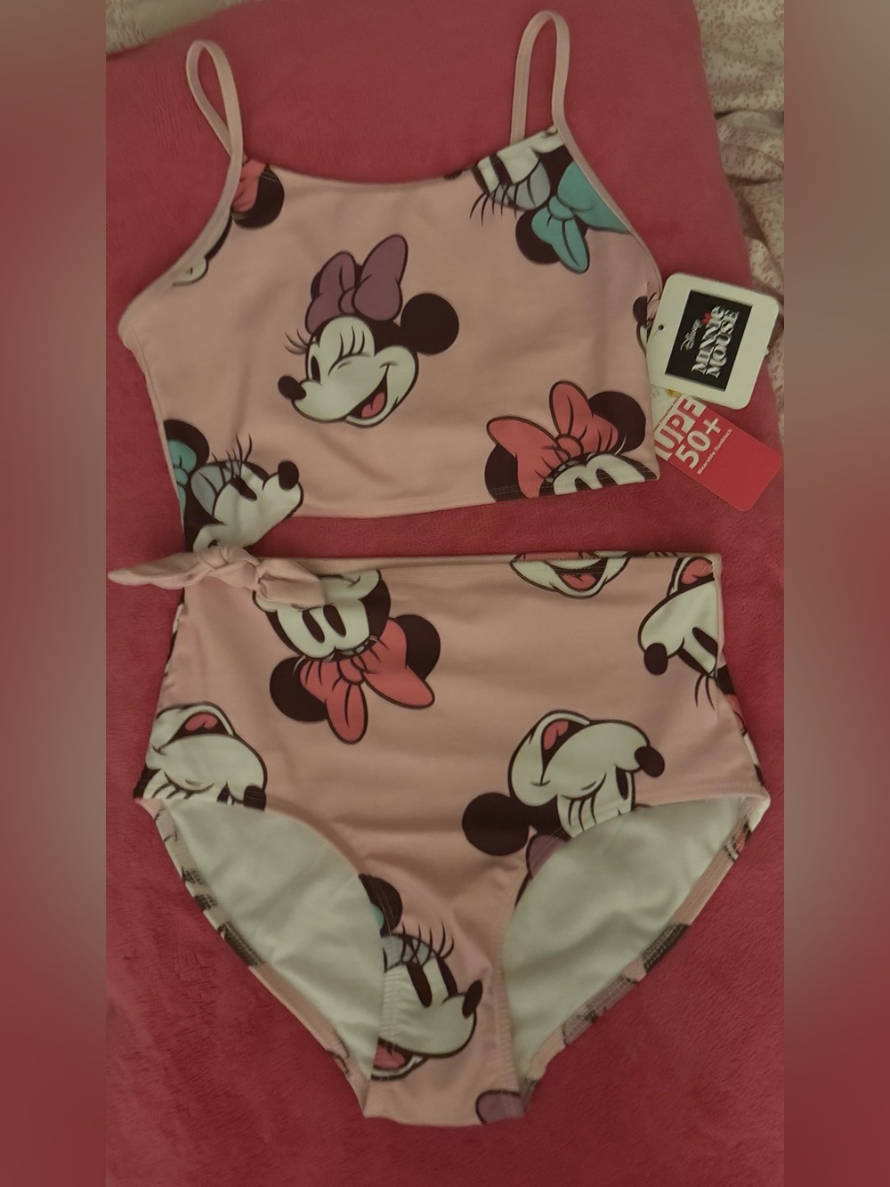 Disney Pink Minnie Mouse One-Piece High-Waist Swimsuit with Purple and Teal Bows